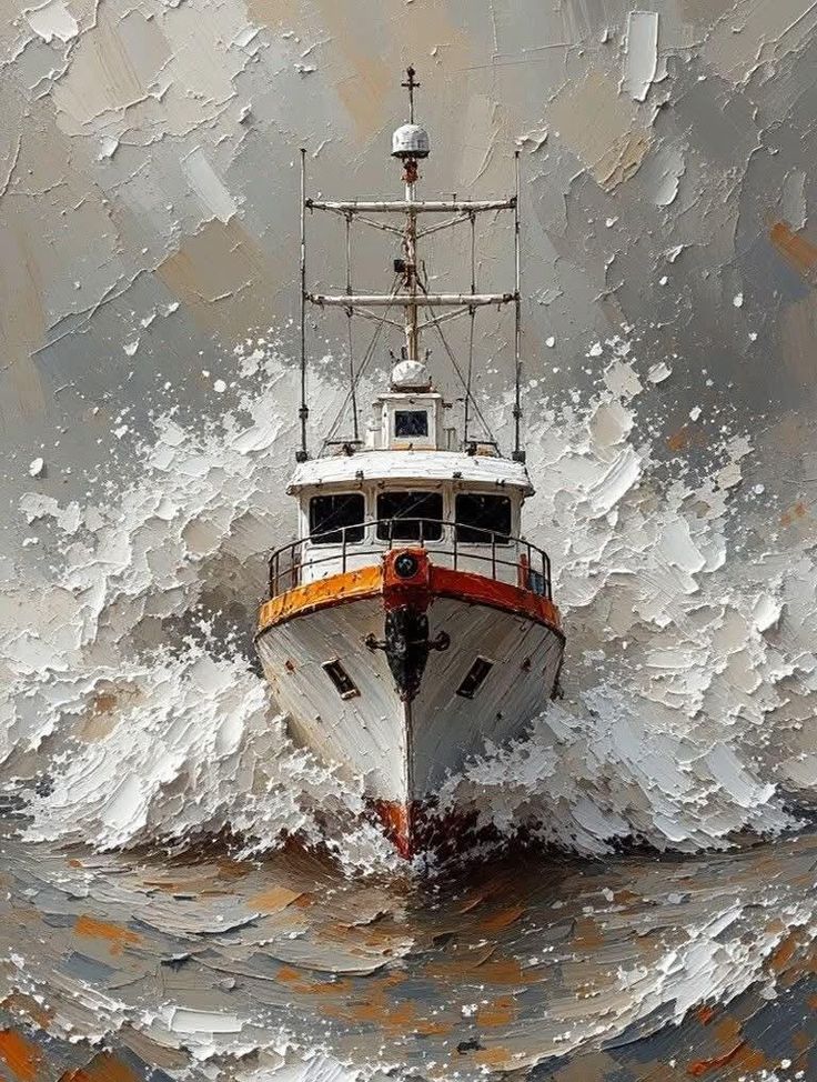 Impasto Boat Painting on Canvas _ Abstract Stormy Seascape Art