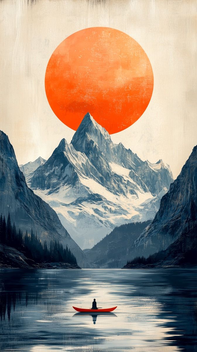 a minimalist mountain landscape with clean lines and soft gradients, a vibrant sunset