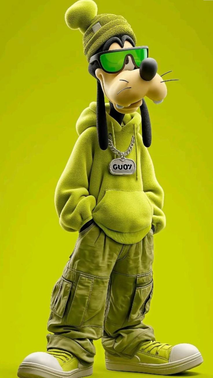 A 3D digital illustration of the character Goofy reimagined as a modern streetwear icon in a monochromatic lime green aesthetic.